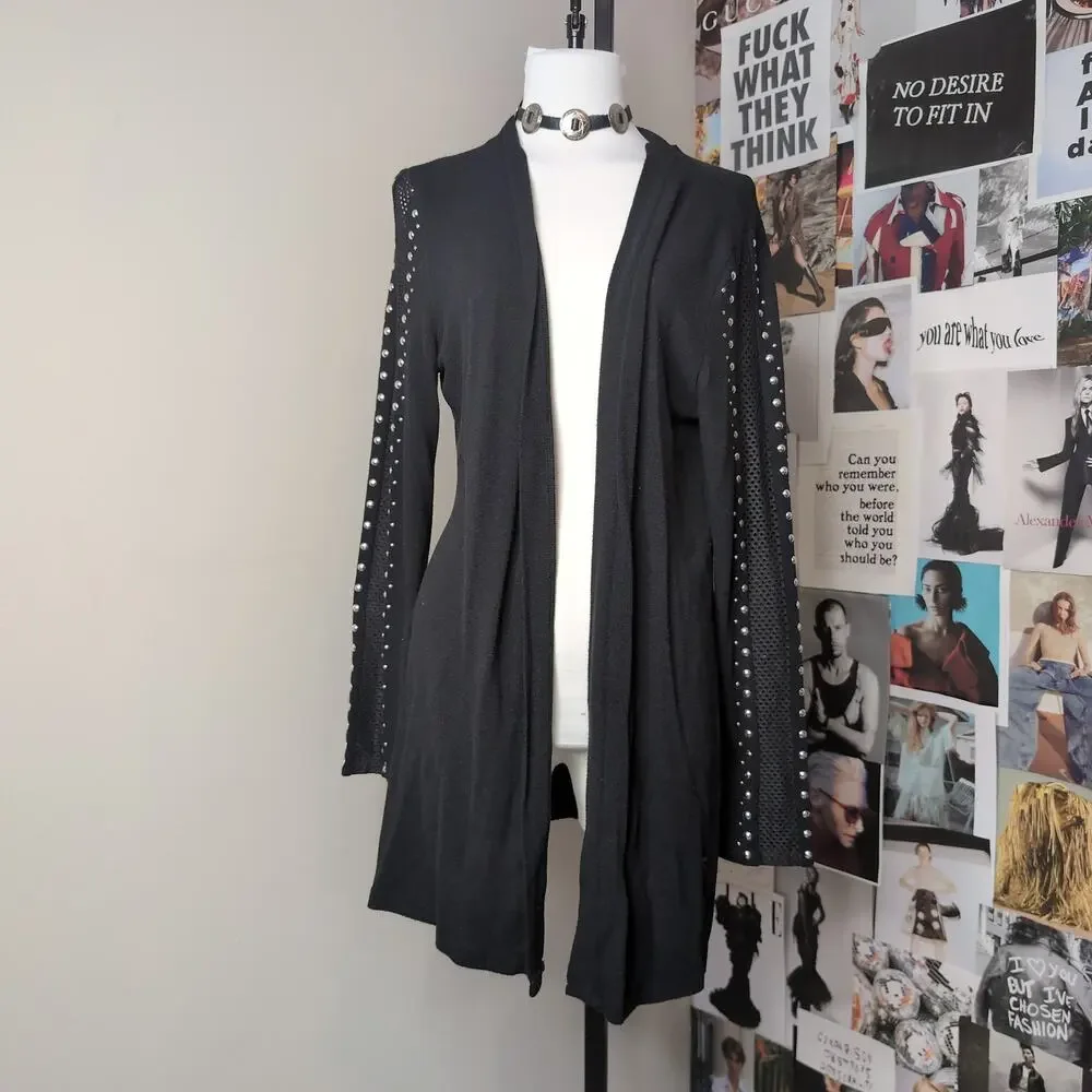 Studded Vintage Mesh Panel Open Cardigan